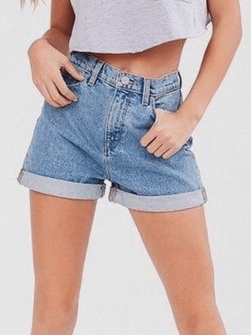 BDG Light Blue Rolled Hem Mom High Rise Denim Shorts